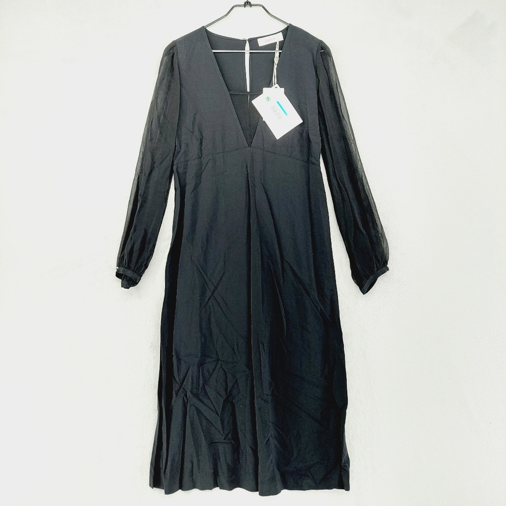 NEW Jucca Black Nero Deep V-Neck Long Sleeve Midi Dress P1386